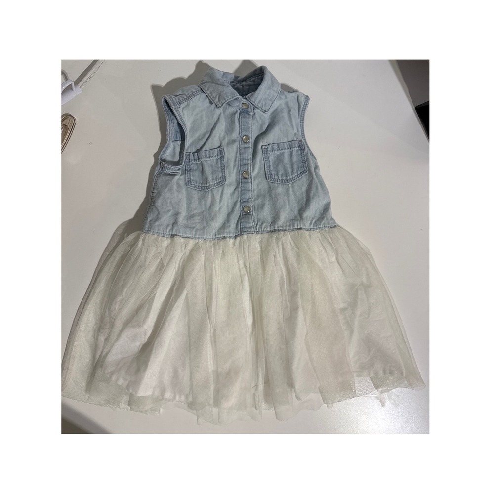 OshKosh Girls Denim Tulle Sleeveless Snap Front Dress 2T Blue White Cotton Mesh